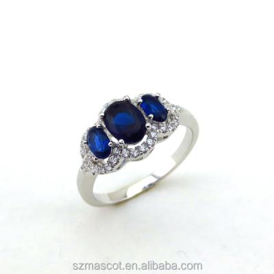 China Other Oval Simulated Blue Sapphire 925 Sterling Silver 3-Stone Ring for sale