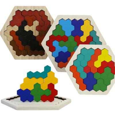 China Montessori Educational Wooden Intelligence Riddle Puzzle Toy Pattern Block Tangram Brain Riddle Hexagon 3D Early Educational Toys for sale