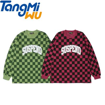 China Wholesale TMW Anti Shrink Plaid Round Top Oversized Neck Long Sleeve Hip Hop Cotton Sweater Letter Print Sweater for sale