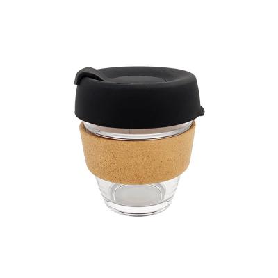 China Heat Insulation Mug Sustainable Glass Coffee Mug With Silicone Lid And Cork Sleeve for sale