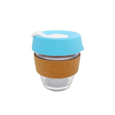 China Custom Viable LOGO LOGO Cork Sleeve Reusable Anti-Slip Heat Resistant Glass Coffee Mug 8oz With Silicone Lid for sale