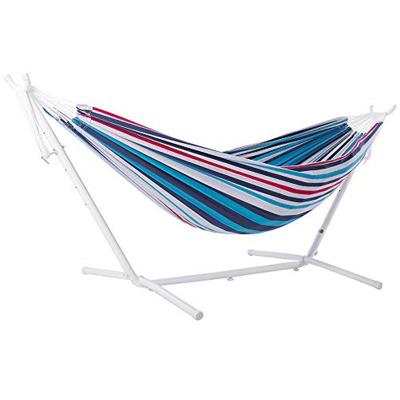 China Hot Selling Durable Customized Colorful Swing Hammock With Black Steel Stand Stitched Fabric Hammock for sale