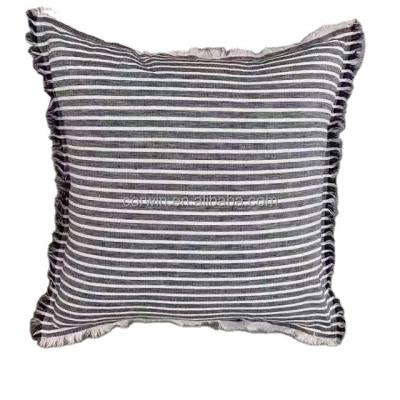 China 100% Yarn-Dyed Stripe Anti Dust Mite Canvas Bedroom Cushion Cover Pillow Base Cover With Self Fringe Vintage Stylish Pillow Cover for sale