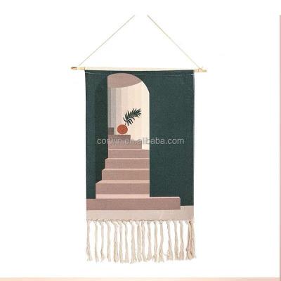 China Transitional Polyester and Cotton Geometry Printed and Embroidery Tapestry Decoration Tapestry with Handmade Tassels for sale