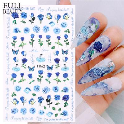 China Red-Pink Flower French Manicure Sliders Wedding Nail Art Adhesive Rose Nail Stickers Floral Nail Art Designs Full Beauty 3D Blue Wedding Nail for sale