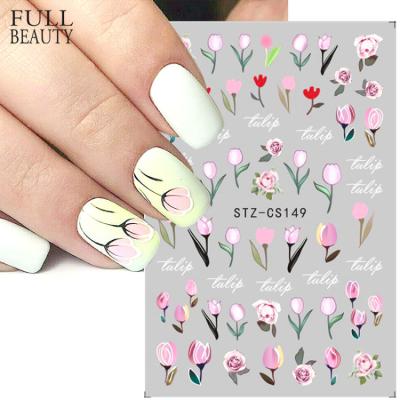 China Full Beauty 3D Tulip Flower Nail Decals Pink Green Leaf Slider Summer Decoration Adhesive Nail Sticker Design Accessories for sale