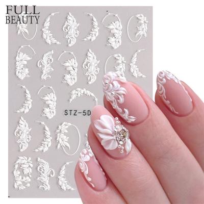 China DIY Polsih Floral Decals Nail Beauty 5D Full Acrylic Flowers Charm Nails Stickers White Lace Wedding Design Simple Flower Embossed Sliders DIY Nails Accessories for sale