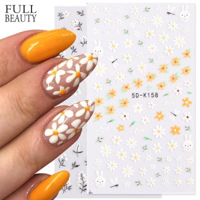 China Simple Elegant Self Adhesive Nail Art Decals Daisy Embossed Floral Design Decoration Nail Sliders Full Flower Beauty 5D Spring Nail Stickers for sale