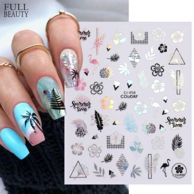 China Beauty Tropical Plants 3D Nail Stickers Summer Full Leaf Fruit Nail Stickers Laser Coconut Tree Sliders Mermaid Beach Adhesive Decals For Manicuring Art for sale