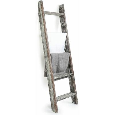 China 4.5-Foot Towel Shelf Rustic Ladder Style Bathroom Torched Wooden Roofing Rack for sale