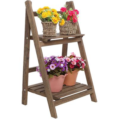 China Brown Pastoral Rustic Wood 2 Tier Shelf Free Standing Foldable Flower Stand for sale