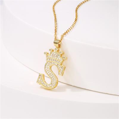 China CLASSIC CZ Crown Letter Necklace Initial Necklace Long Chain Brass Necklace for sale