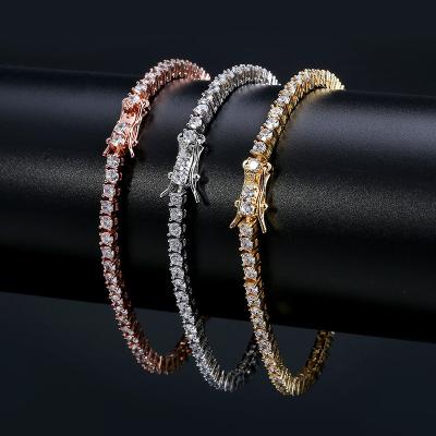 China Hiphop 18K Gold Diamond Tennis Chains Men's Bracelet Zircon 3mm Bracelet Tennis Bracelet for sale