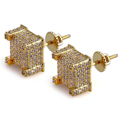 China Cute Hiphop 18K Gold Zircon Bling Square Earring Studs Brass Iced Out Hop Jewelry for sale