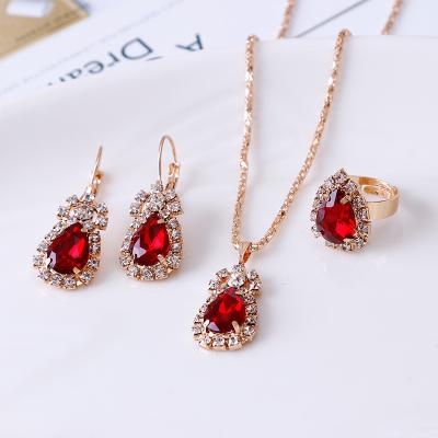 China Other Colorful Cubic Zircon Crystal Rhinestone Water Drop Wedding Jewelry Set 3Pcs Necklace Earring Ring Set for sale