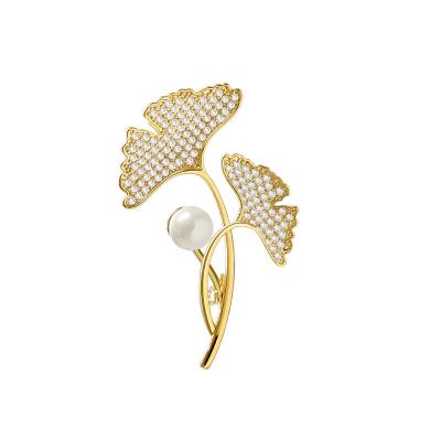 China ALLOY Ginkgo biloba pearl microset with full zircon brooch for costume brooch for sale