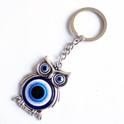 China Alloy Glass Turkish Owl Key Ring Blue Eye Pendant Keychain for sale