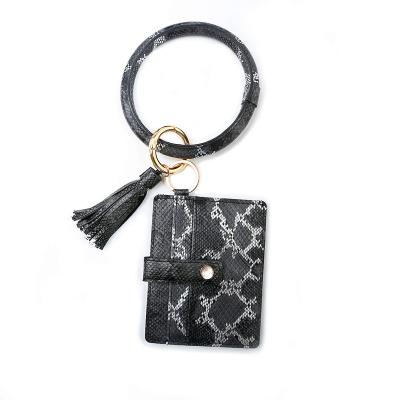 China 2021 Amazon Hotsale Leather Leopard Printed Leather Key Ring With Change Purse Tassel Circle PU Leather Key Chain Wrist Key Chain Large for sale