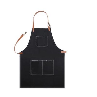 China YKYS Denim Apron Leather Strap Cotton Denim Kitchen Apron 100 Cotton Eco-friendly Aprons for sale