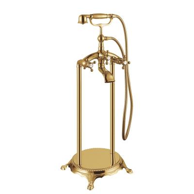 China Gold Freestanding Classic Contemporary Freestanding Bathroom Faucet Hot and Cold Water Outlet Bathtub Floor Mounted Claw Foot Tub Faucet Slide Bar for sale