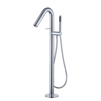 China Chrome Free Sliding Bar Hotel Floor Faucet Floor Faucet Freestanding Round Brass Plated 2 Function Floor Shower Bathtub Faucet for sale