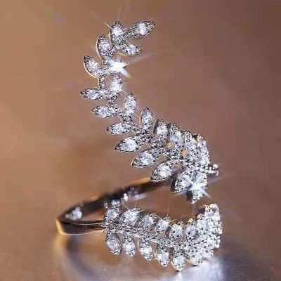 China 2021 New Design Fashion Trendy Leaves Shape Women Ring Bling Rhinestone Open Adjustable Zircon Ring Jewelry for sale