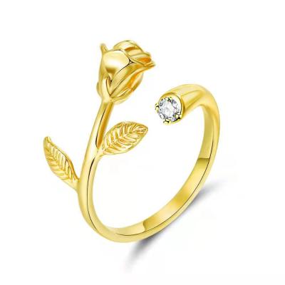 China Fashionable Creative Gold Rose Flower Open Finger Ring Adjustable CZ Crystal Inset Rose Flower Jewelry Ring for sale