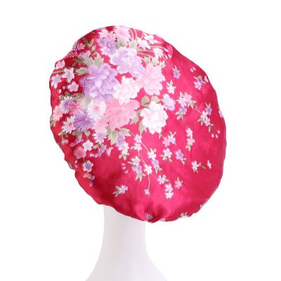 China Soft Hood Hair Sleep Fashion Night Cover Head Satin Fit Wide Designer Elastic Band Flower Bonnets for sale