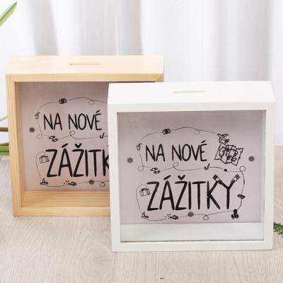 China Wood Personalized Custom Wooden Wall Decoration Coins Adventure Fund Wedding Wooden Saving Piggy Bank for sale