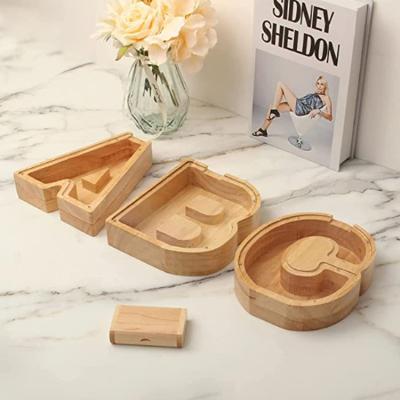 China Wood Personalized Custom Alphabet Money Collector Coin Marks Decor Wooden Letter Piggy Bank Piggy Bank for sale