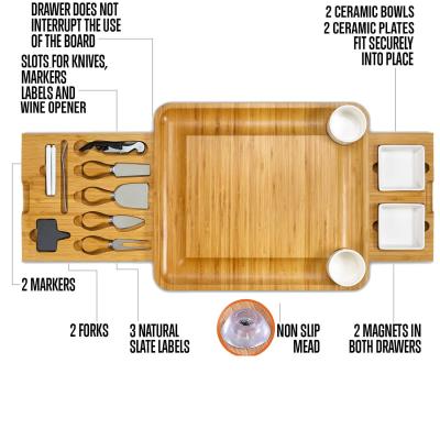 China Best Selling Stocked on Amazon Natural Bamboo Kitchen Cheese Wood Wooden Cutting Board with Cutlery Set for sale