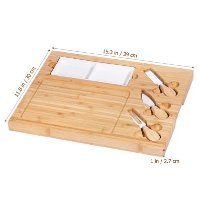 China New high quality bamboo stocked cheese board and board serving knife set with 3 cheese knives for sale