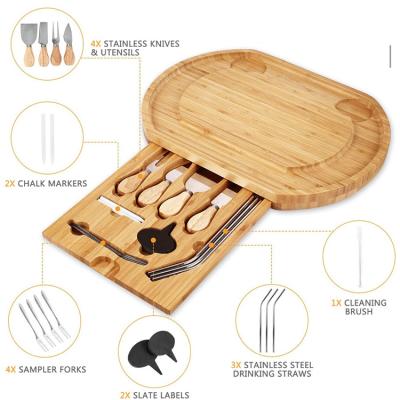 China High Quality Stocked Bamboo Cheese Cutting Board Charcuterie Board With Drawers Serving Tray Cutlery Waiter Knife Set for sale