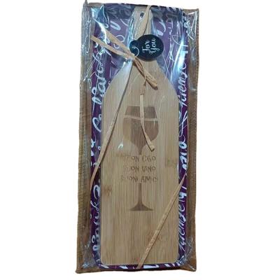 China Stocked Letters Laser Engraving Bamboo Wine Bottle Shape Cheese Cutting Board Bamboo Serving Board for sale