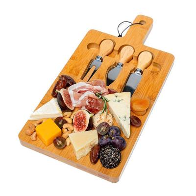 China Wholesale Stocked Rectangle Cheese Board With 3 Piece Cheese Knife Set Bamboo Cheese Serving Tray for sale