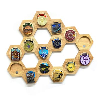 China NEW Wall Art Decor Wholesale Decor Wood Honeycomb Hex Medal Display Racks for sale