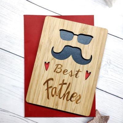 China Real bamboo wooden card father's day tarjeta de felicitacion wholesale greeting birthday card for dad gift for sale