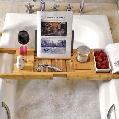 China Newest Viable Custom Logo Bathroom Bath Tray With Wine Glass Holder Bamboo Hotel Tub Caddy Tray for sale