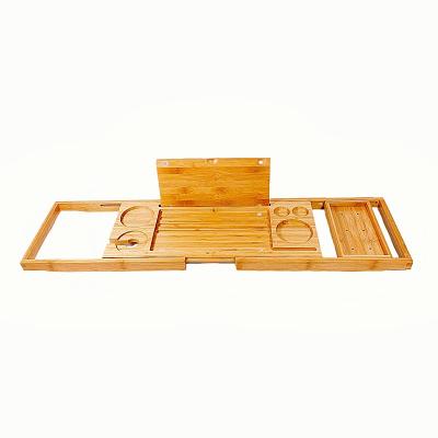 China Custom Sustainable Wooden Deck Tray Multi-Function Soap Holder Bath Logo Bamboo Tub Caddy With Widening Sides for sale