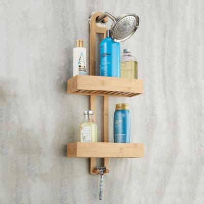 China Wall Mounted Type Bamboo Hanging Shower Trolley For Shampoo And Soap Conditioner With Hooks for sale