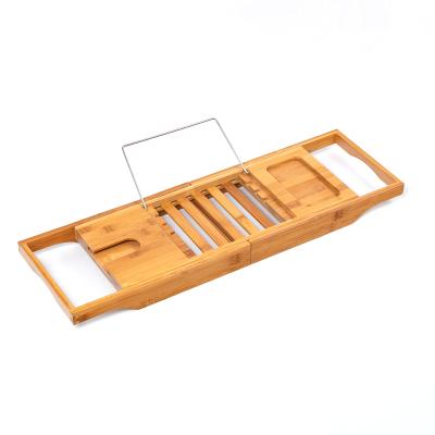 China Viable Bamboo Expandable Tray Wooden Bath Tray Tub Tub Trolley Cart Holding Book,Tablet Phone Tray Glass Holder for sale