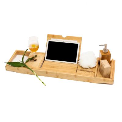 China Viable Adjustable Integrated Sidewalls Caddy Trays Extendable Bamboo Wooden Bathtub Stand for Bathroom for sale