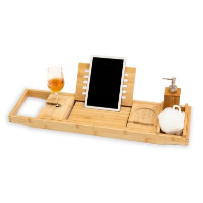 China Luxury Sustainable Natural Bamboo Wooden Bathroom Trolley Trays Organizer Tray Extending Bathtub Holder for sale