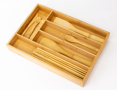 China Bamboo Multifunctional Expandable Drawer Utensil Kitchen Organizer Bamboo Cutlery Tray Adjustable Eco-friendly Minimalist Tray for sale