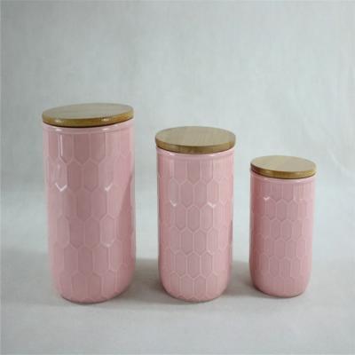 China Sustainable Utensil Airtight Jar Set With Lid Sugar Biscuit Storage Canister Ceramic Porcelain Wood Jars for sale