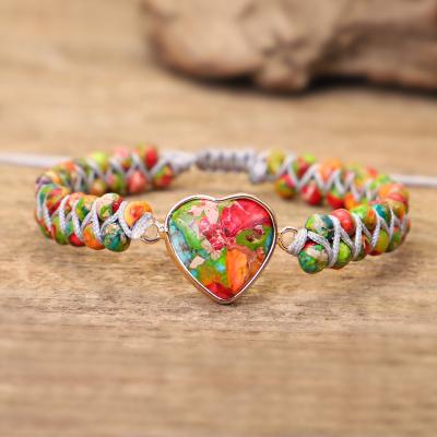 China New Trendy Classic Romantic Love Heart Charm Bracelets Around Natural Stone Adjustable Woven Beaded Bracelet for sale