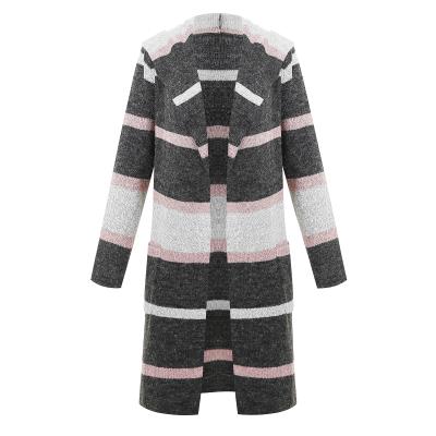 China Plus Size Anti-Shrink Winter Fashion Women's Long Sleeve Knit Open Coat Multicolor Striped Lapel Cardigan Sweater Women Jackets And Coats for sale