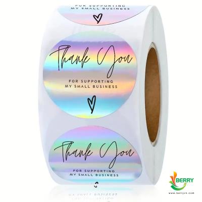 China 100m Holographic Thank You For Supporting My Small Business Stickers Thank You Label Stickers Holographic Silver Roll Adhesive Business Labe for sale