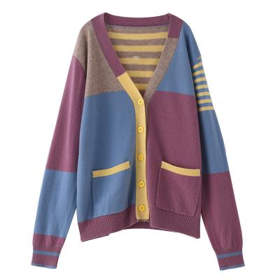 China Women Breathable V-Neck Stripe Color-blocking Long Sleeve Loose Slim Cashmere Knitted Cardigan for sale