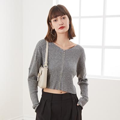 China Autumn Breathable Fashion Custom Solid Zipper Crop Top Knitted Slim Women Cardigan Sweater for sale